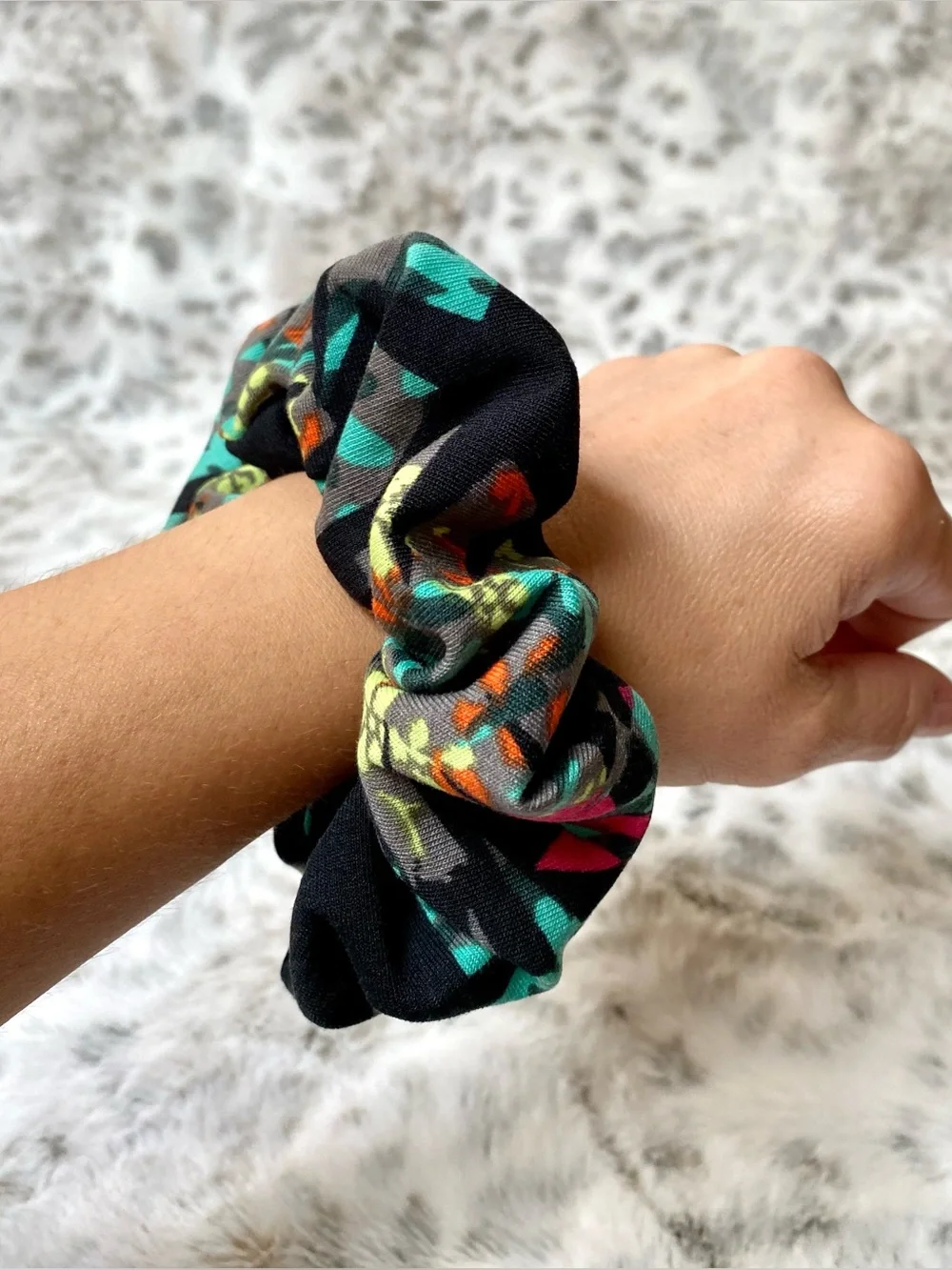 Black Floral Twist Headband  and Scrunchie Set with Teal and Coral Accents. NWOT